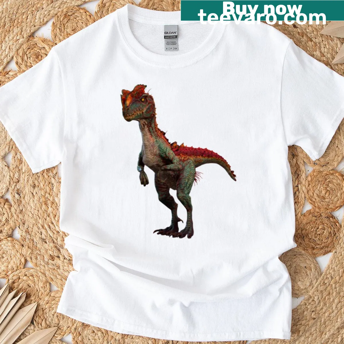 Illustrated Dilophosaurus T-shirt featuring a playful design — on a men's t-shirt