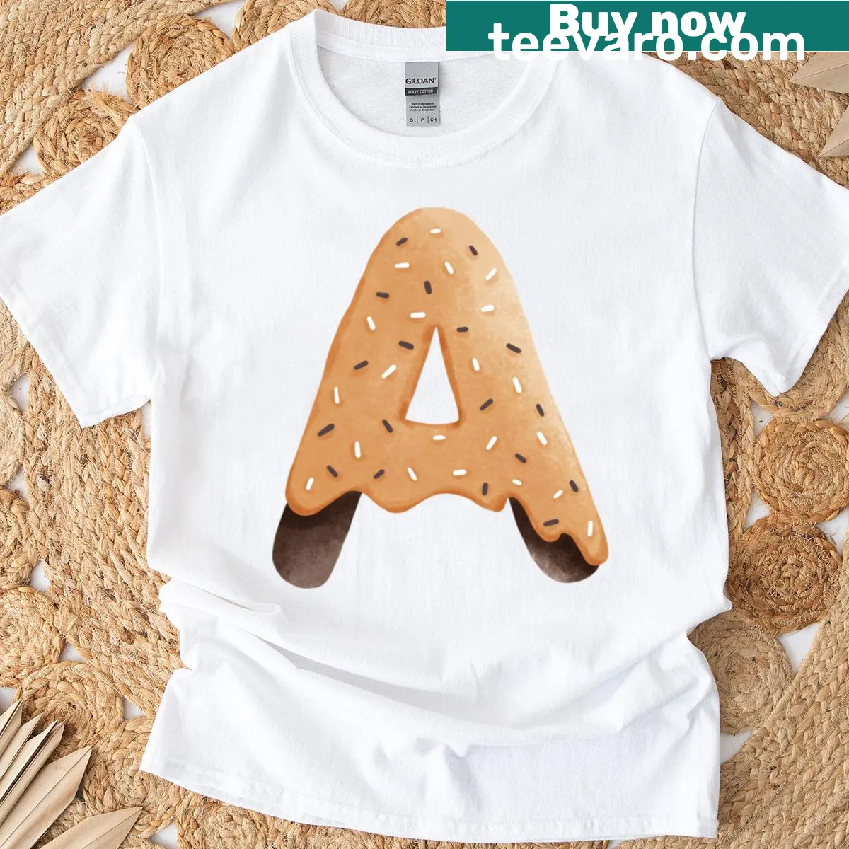 Cute donut letter A T-shirt with sprinkles design — on a men's t-shirt