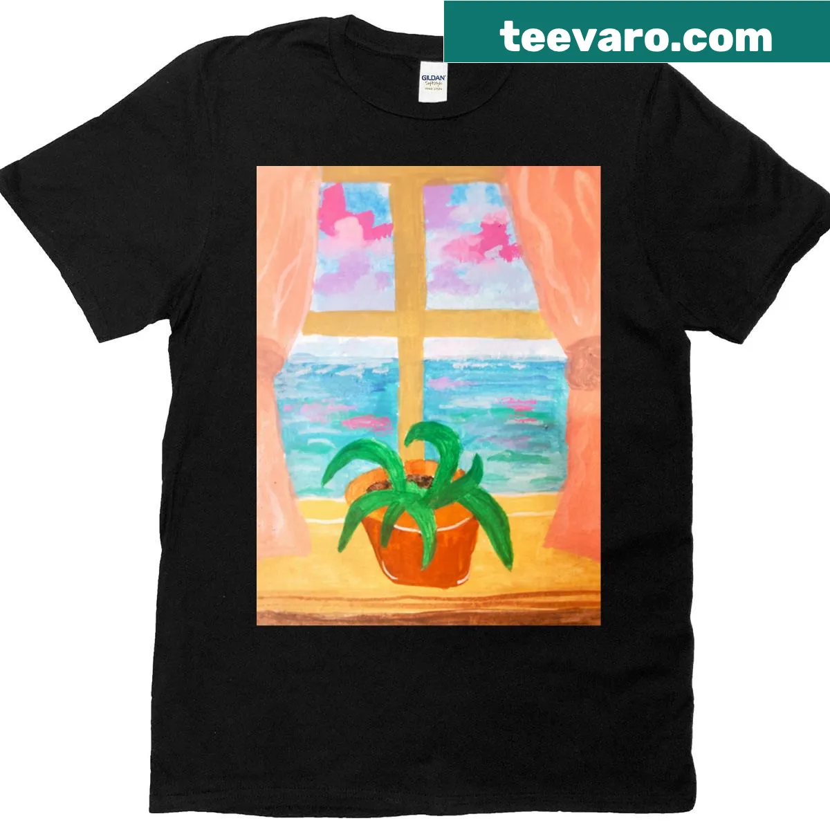 Oversized t-shirt featuring a serene illustration of an ocean view — on a men's t-shirt