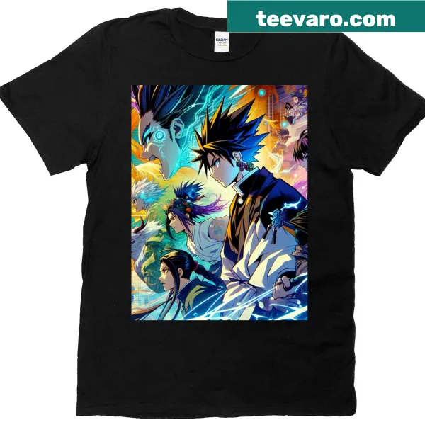 Graphic T-shirt featuring illustrations of elemental warriors in action