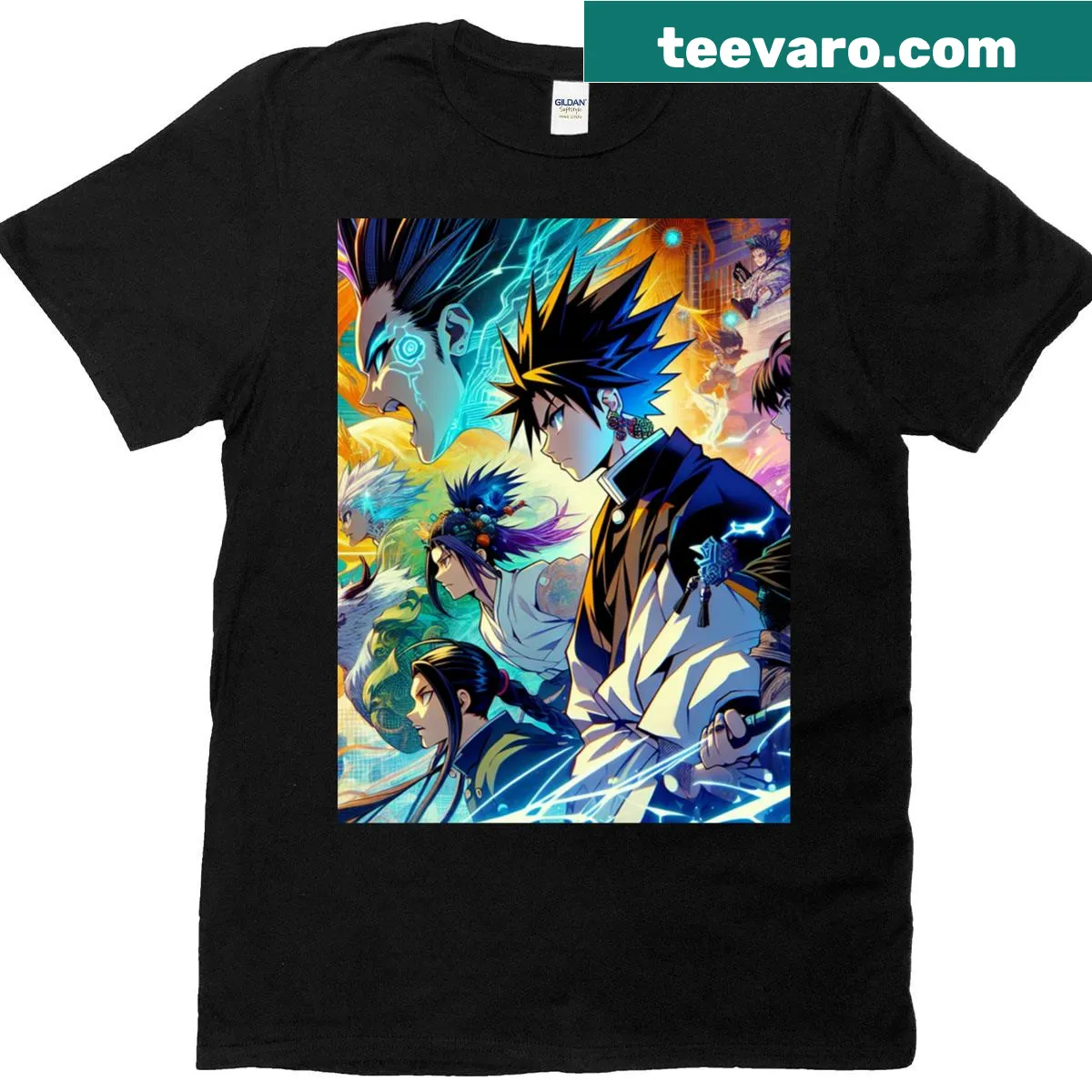 Graphic T-shirt featuring illustrations of elemental warriors in action — on a men's t-shirt