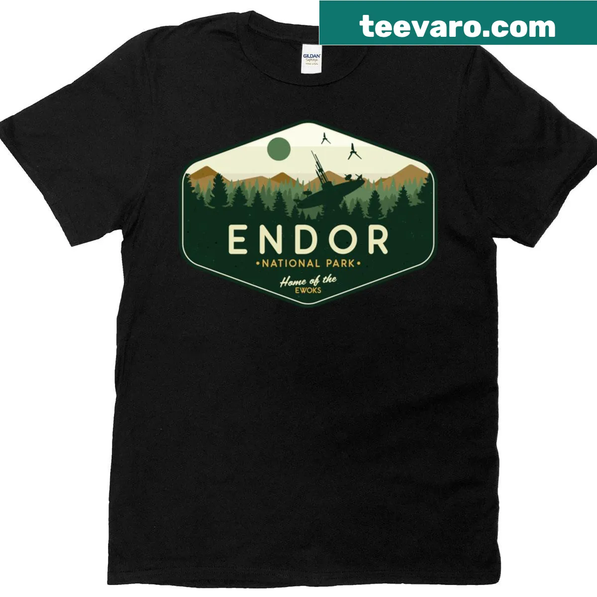 T-shirt featuring Endor National Park and Ewok illustrations — on a men's t-shirt