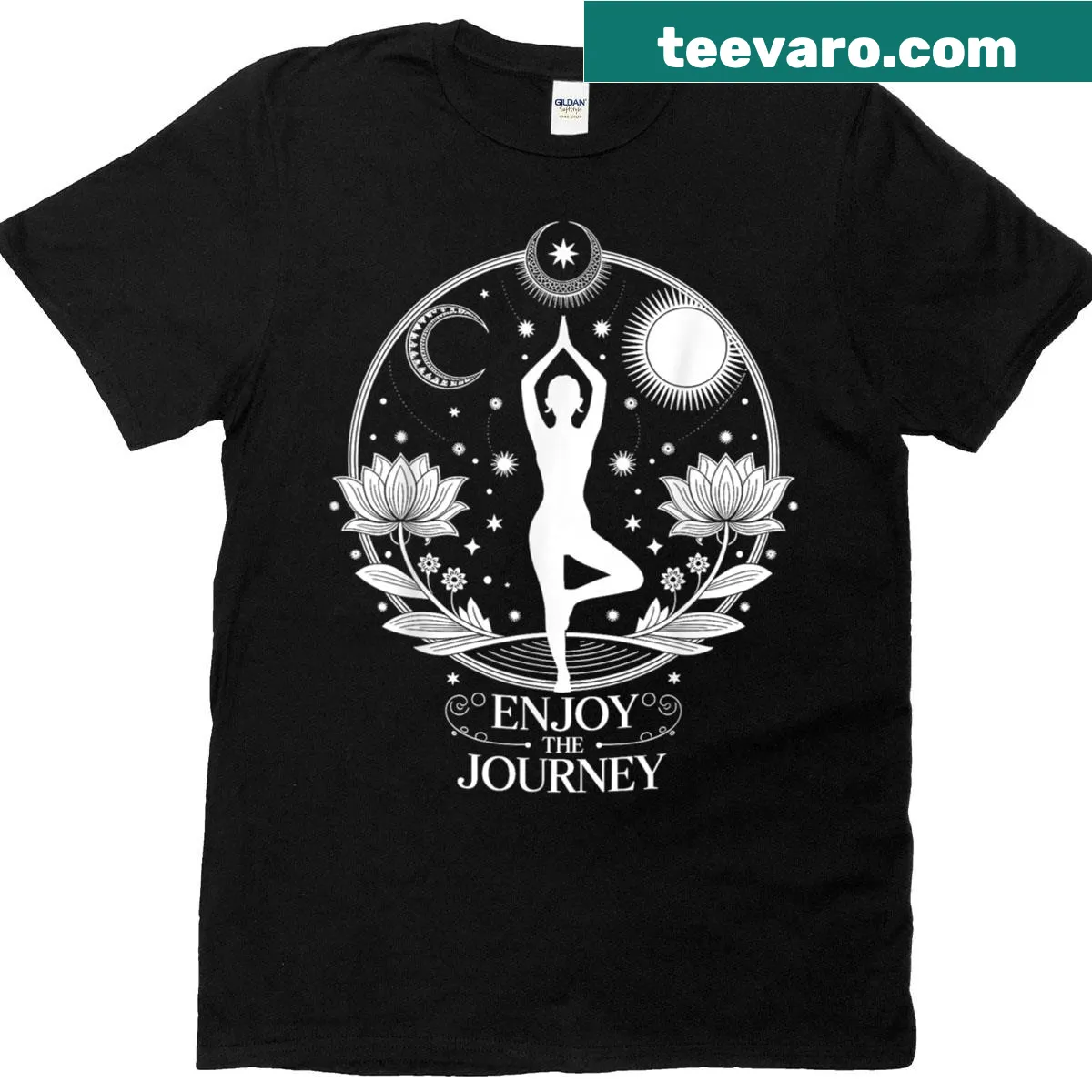 Celestial yoga-themed t-shirt promoting peace and meditation — on a men's t-shirt