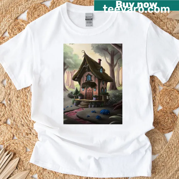 Whimsical fairy house illustration on a casual t-shirt