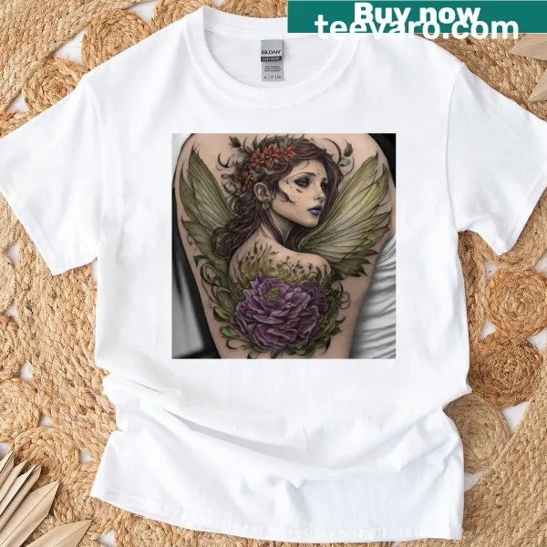 Illustration of a fairy tattoo on a casual t-shirt