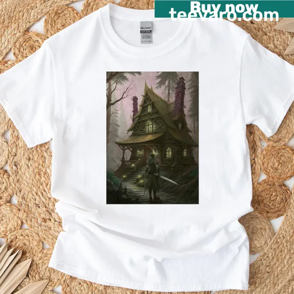 Illustrated T-shirt of a fantasy house in the woods