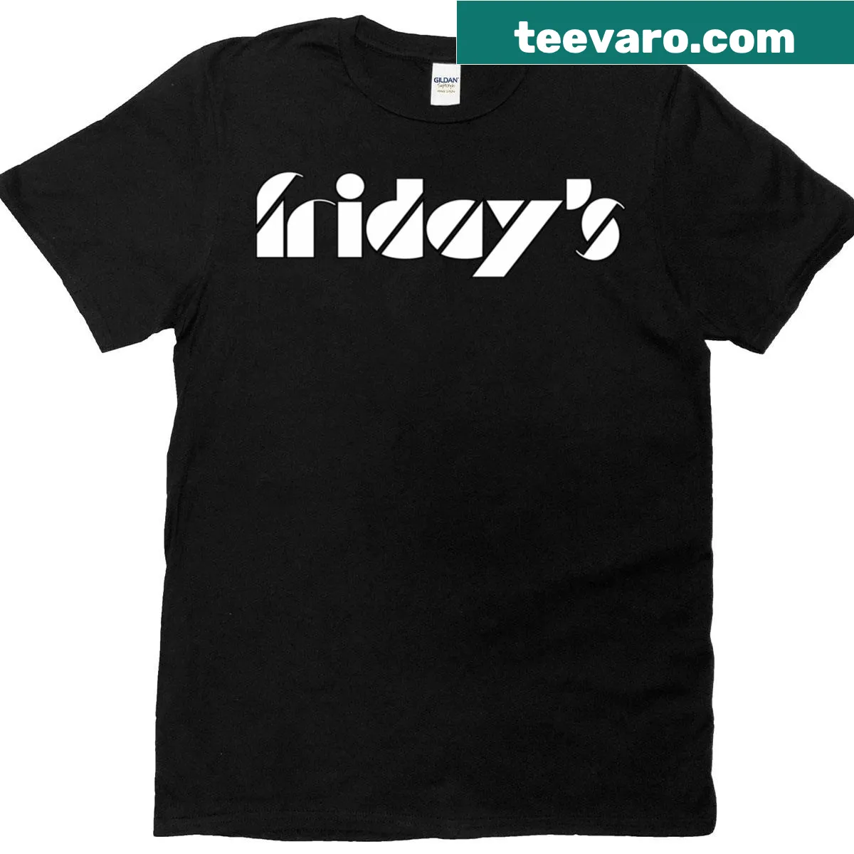 Minimalist T-shirt featuring modern Fridays logo in black and white — on a men's t-shirt