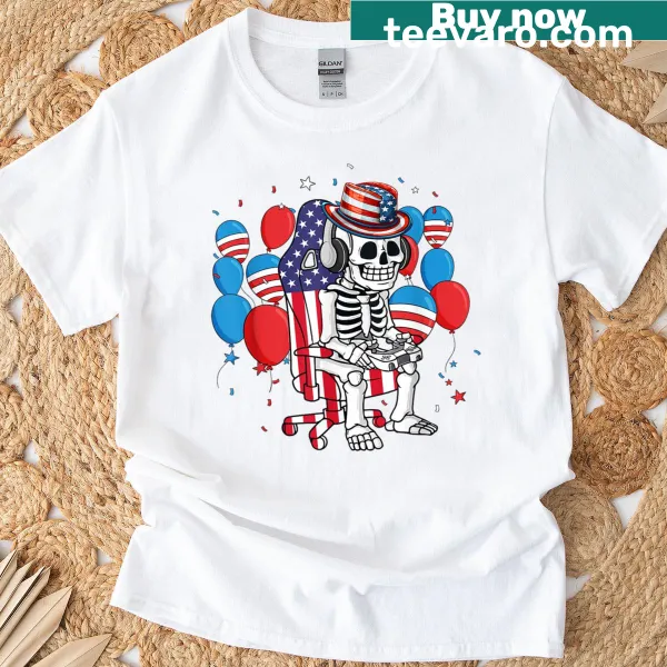 Humorous 5th Of July skeleton video game graphic t-shirt
