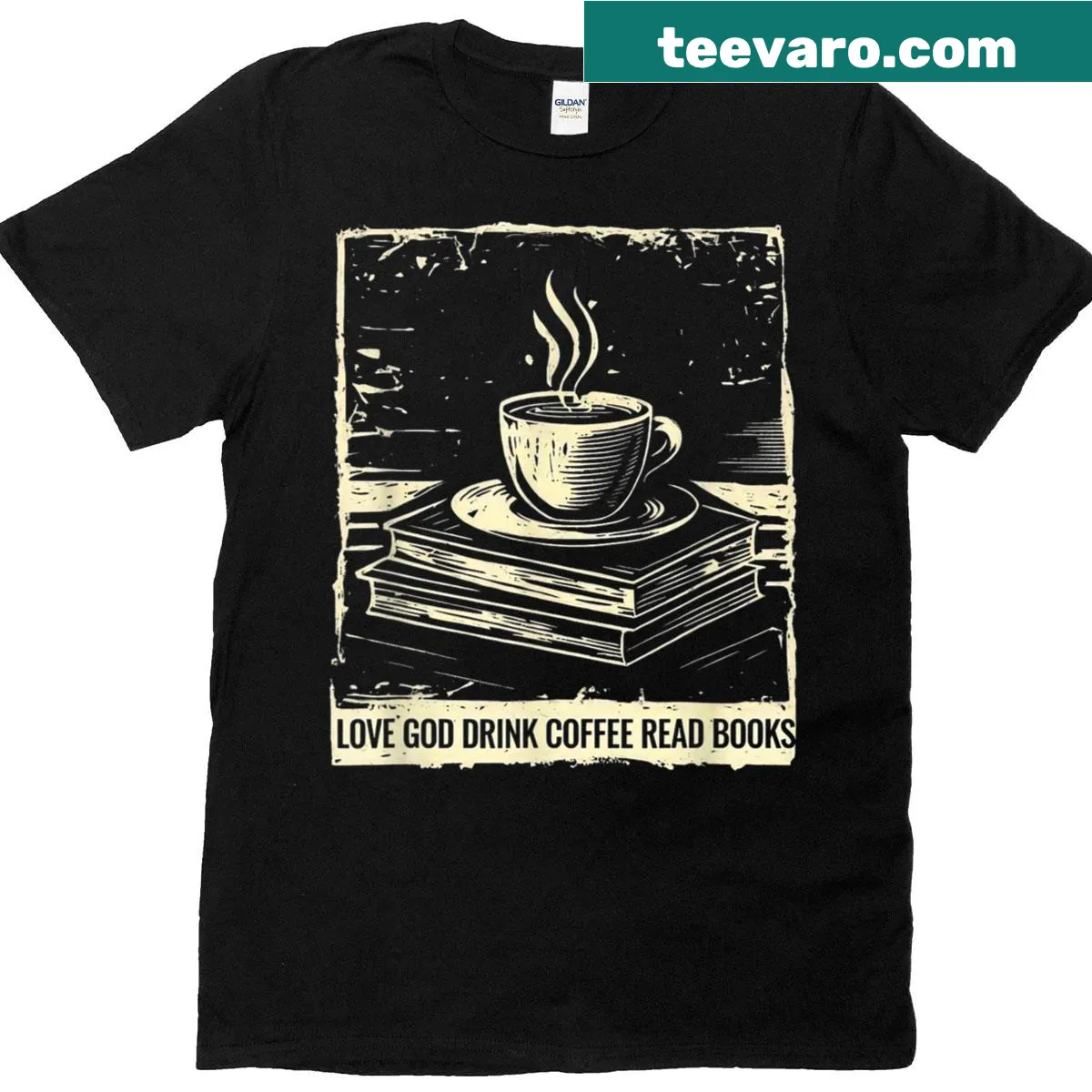 Vintage-style t-shirt with humorous text about love for God, coffee, and books — on a men's t-shirt