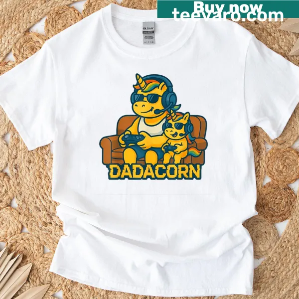Gamer Dadacorn graphic featuring a dad unicorn with gaming elements