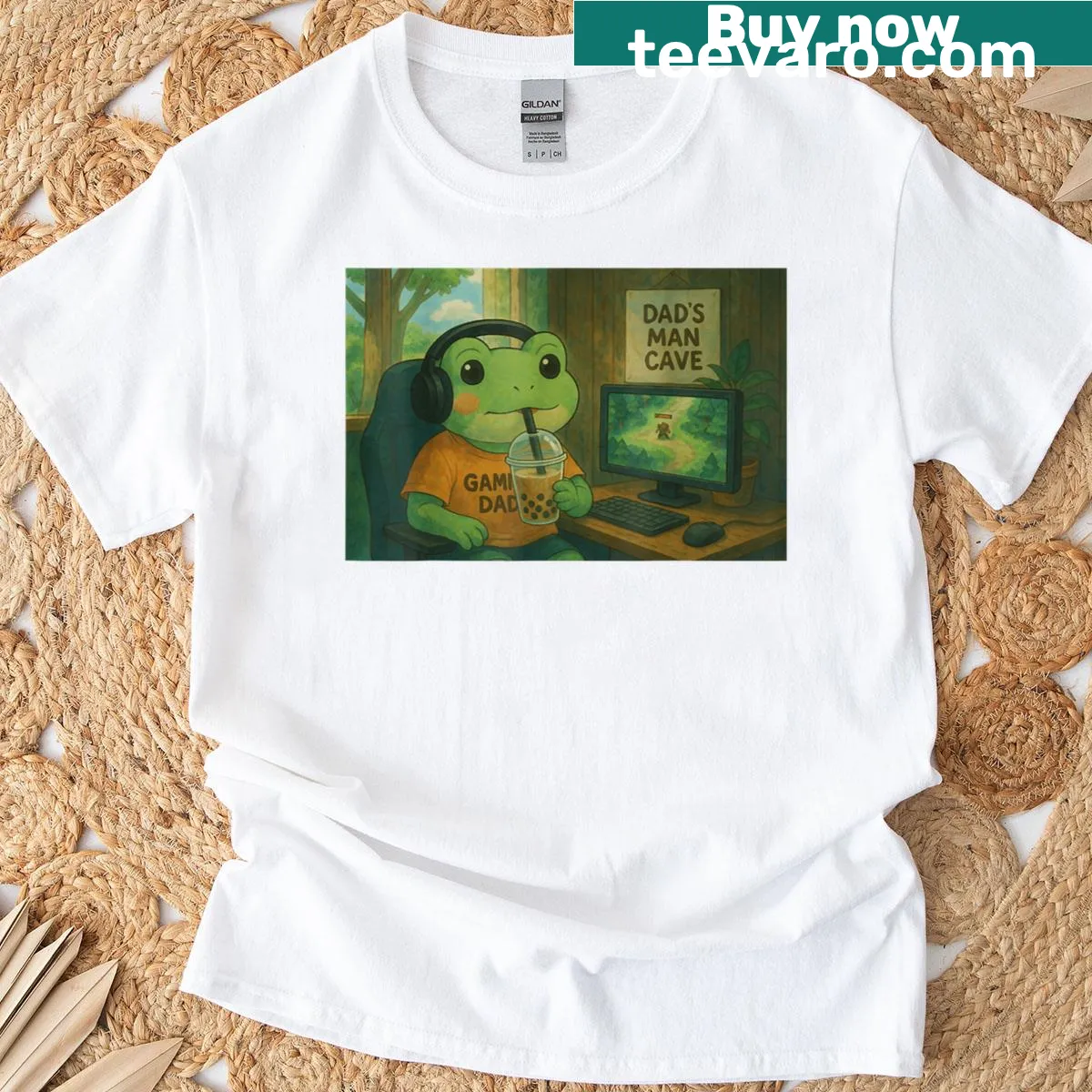 Cartoon frog in a dad's man cave on a playful gaming T-shirt. — on a men's t-shirt