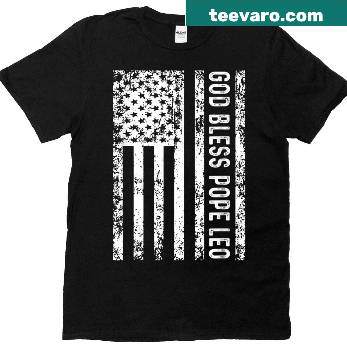 T-shirt featuring USA flag and 'God Bless' text with Pope Leo XIV — on a men's t-shirt