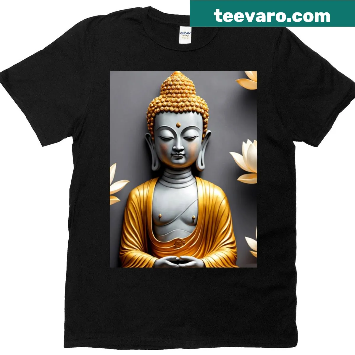 Minimalist T-shirt with a golden Buddha graphic — on a men's t-shirt