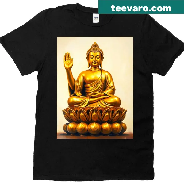 T-shirt featuring an illustration of a serene golden Buddha