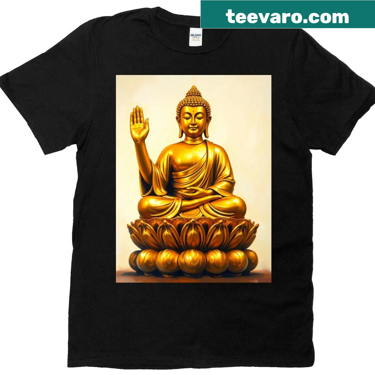 T-shirt featuring an illustration of a serene golden Buddha — on a men's t-shirt