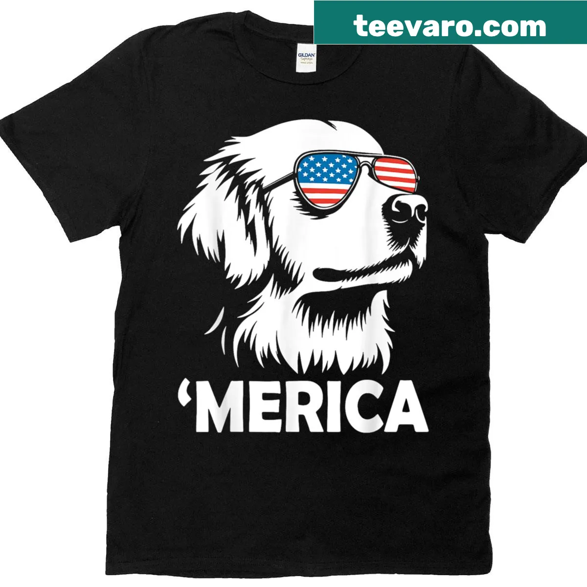 Patriotic golden retriever design for Fourth of July celebrations — on a men's t-shirt