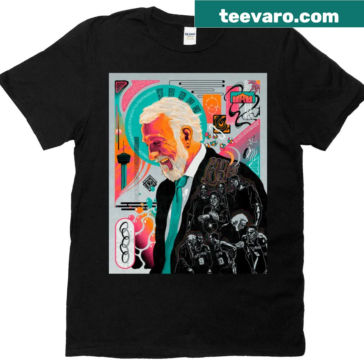 T-shirt featuring an illustration of Gregg Popovich, the famous basketball coach. — on a men's t-shirt