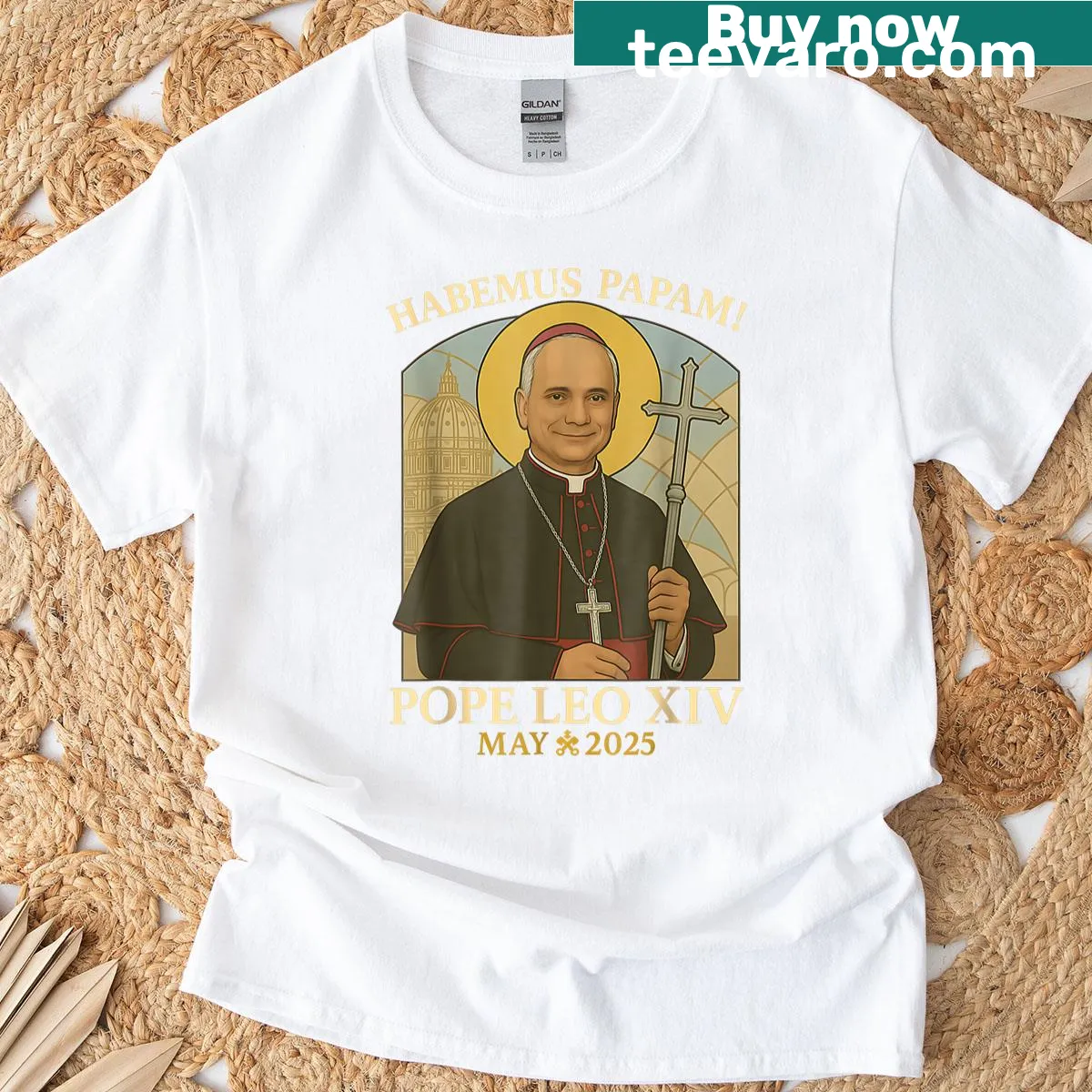 Illustration commemorating Pope Leo Robert Prevost on a religious-themed t-shirt — on a men's t-shirt