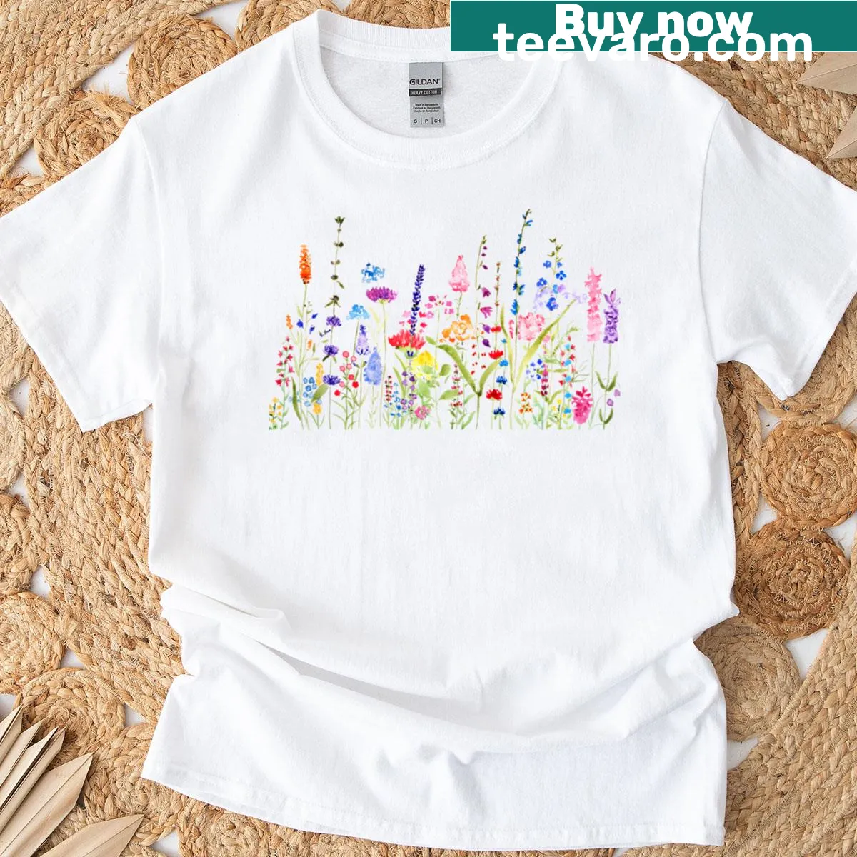 Wild flower field t-shirt with hand-painted design — on a men's t-shirt