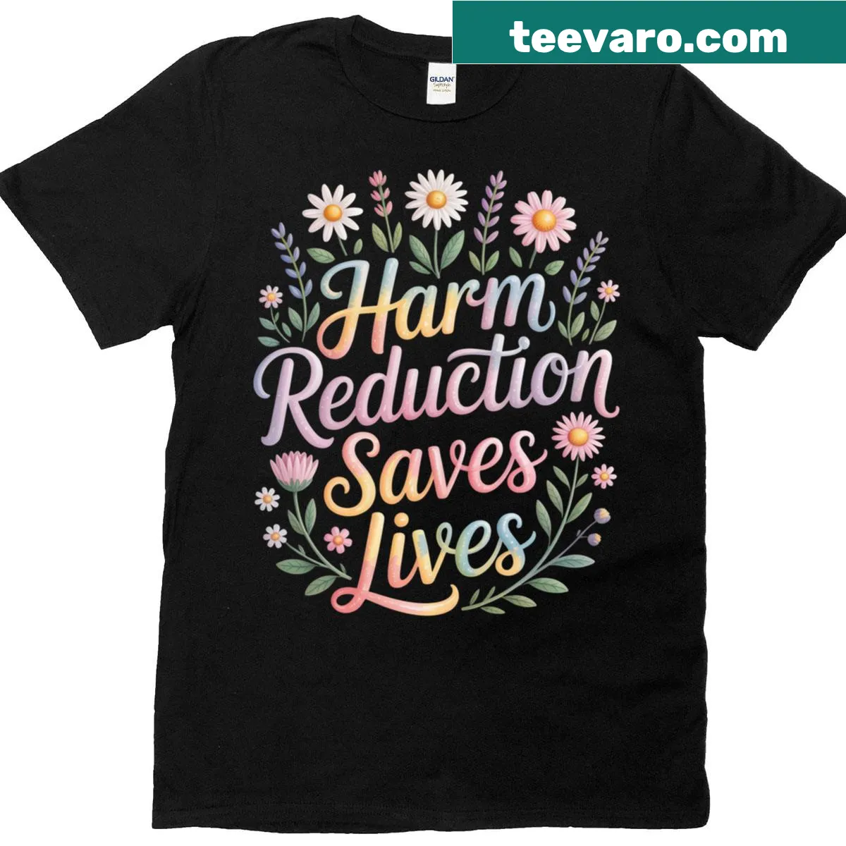 Bold text on T-shirt that reads 'Harm Reduction Saves Lives' — on a men's t-shirt