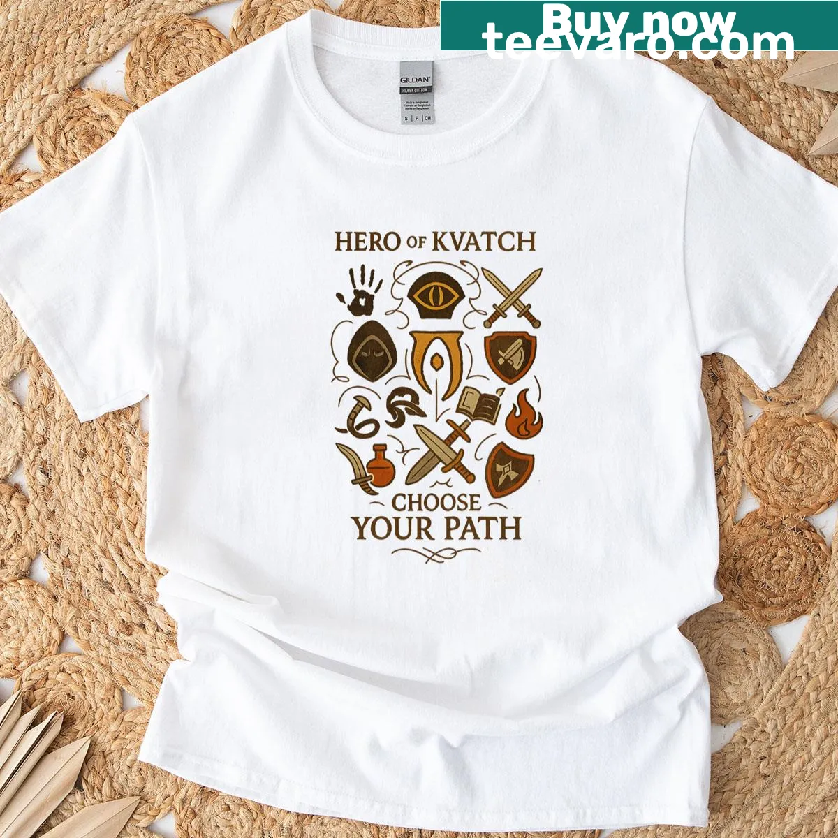 Elder Scrolls RPG T-shirt featuring the Hero of Kvatch guild crest — on a men's t-shirt