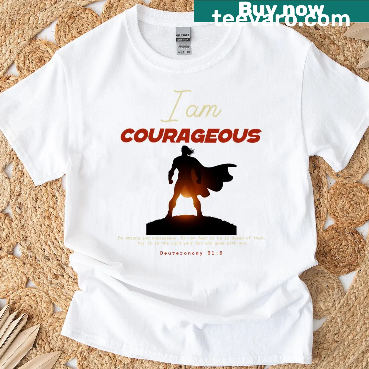 I Am Courageous T-shirt with bold inspirational text — on a men's t-shirt