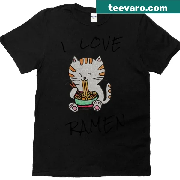 Kawaii cat enjoying ramen noodles graphic on oversized t-shirt