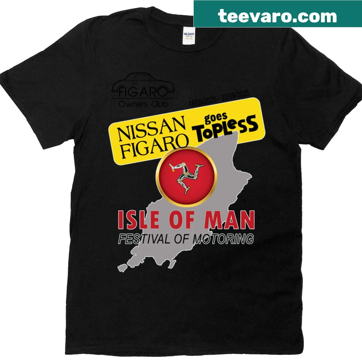 Illustrative T-shirt for the Isle Of Man Festival Of Motoring Rally — on a men's t-shirt