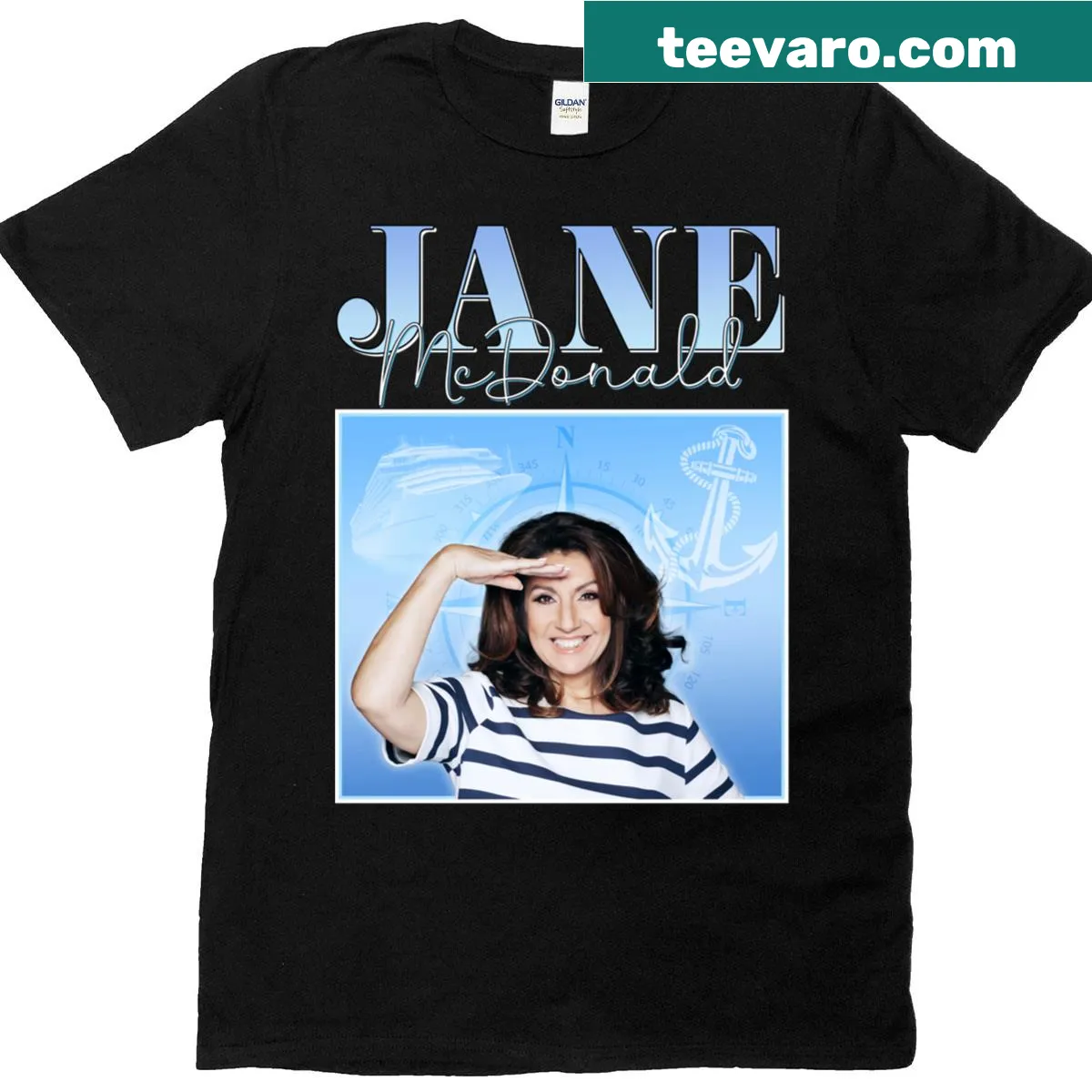 Cheerful graphic T-shirt featuring Jane Mcdonald — on a men's t-shirt