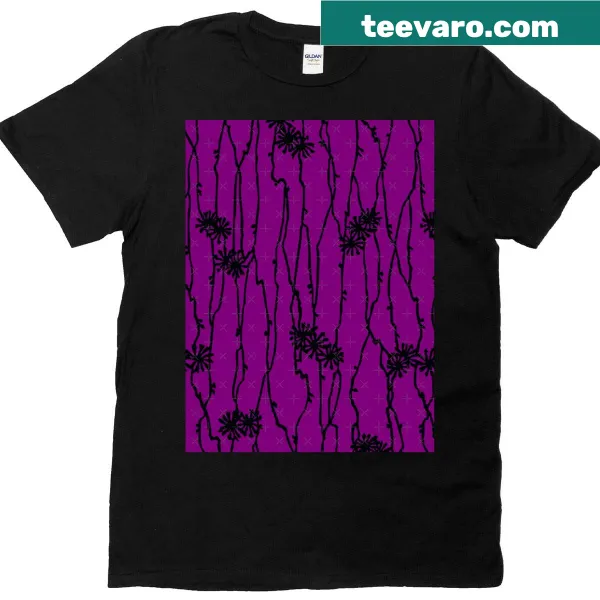 Graphic T-shirt with Edo period flower stem pattern on purple background.
