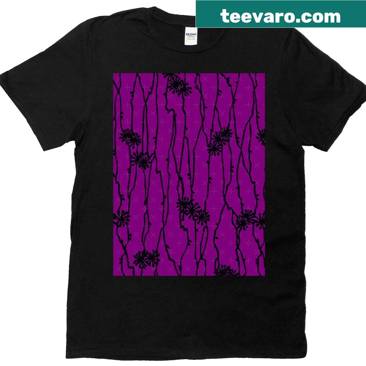 Graphic T-shirt with Edo period flower stem pattern on purple background. — on a men's t-shirt