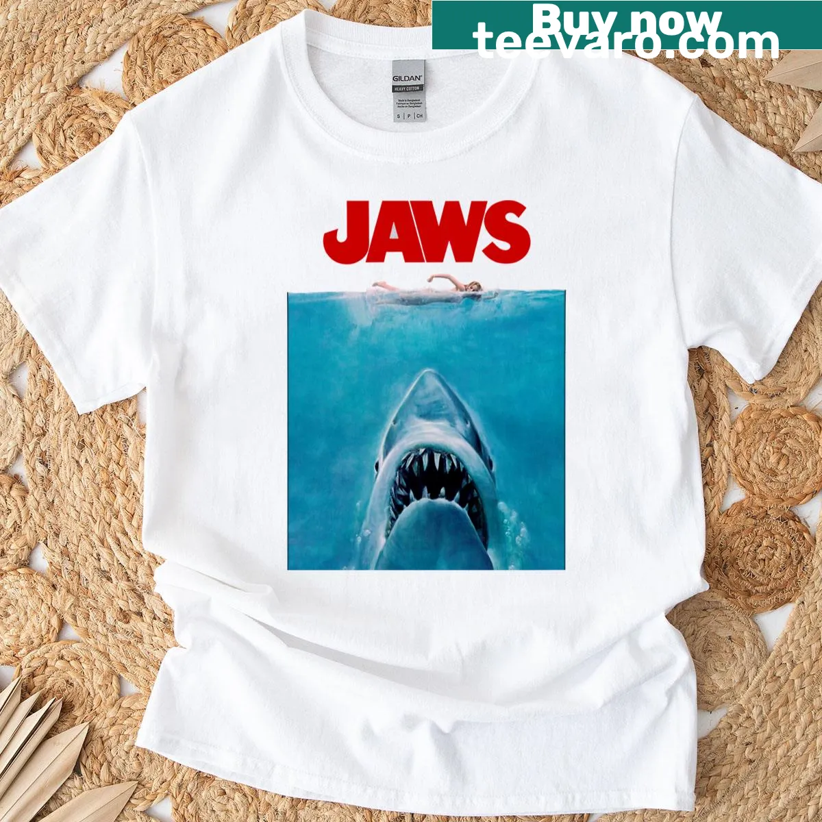 Vintage-style T-shirt featuring the original 'Jaws' movie poster — on a men's t-shirt