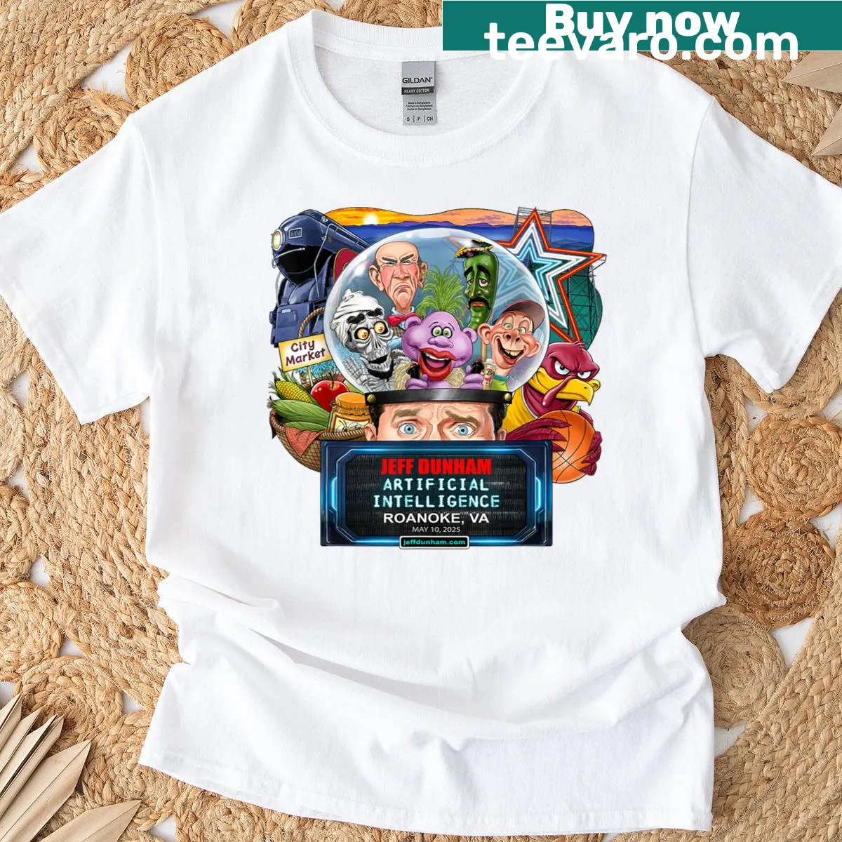 T-shirt featuring Jeff Dunham's name and Roanoke, VA, 2025 in clear text — on a men's t-shirt