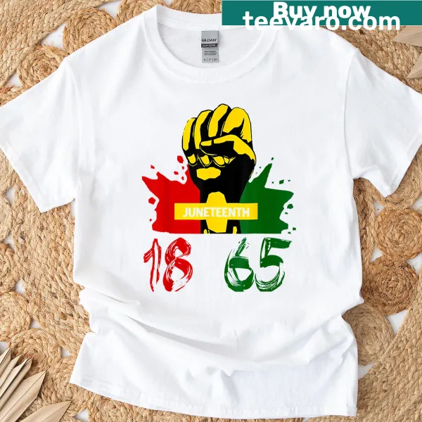 T-shirt commemorating Juneteenth with '1865' and African American pride