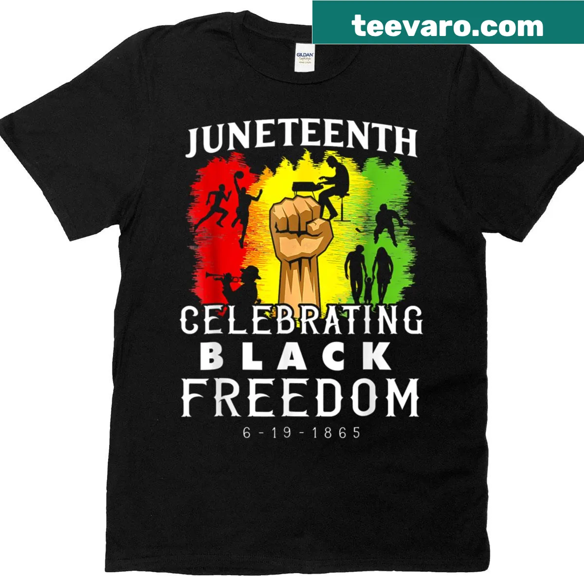 T-shirt celebrating Juneteenth with bold text and historical date. — on a men's t-shirt