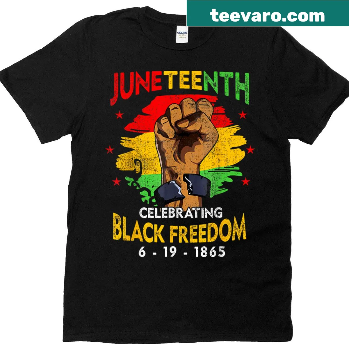 Graphic tee celebrating Juneteenth and Black freedom with bold text. — on a men's t-shirt