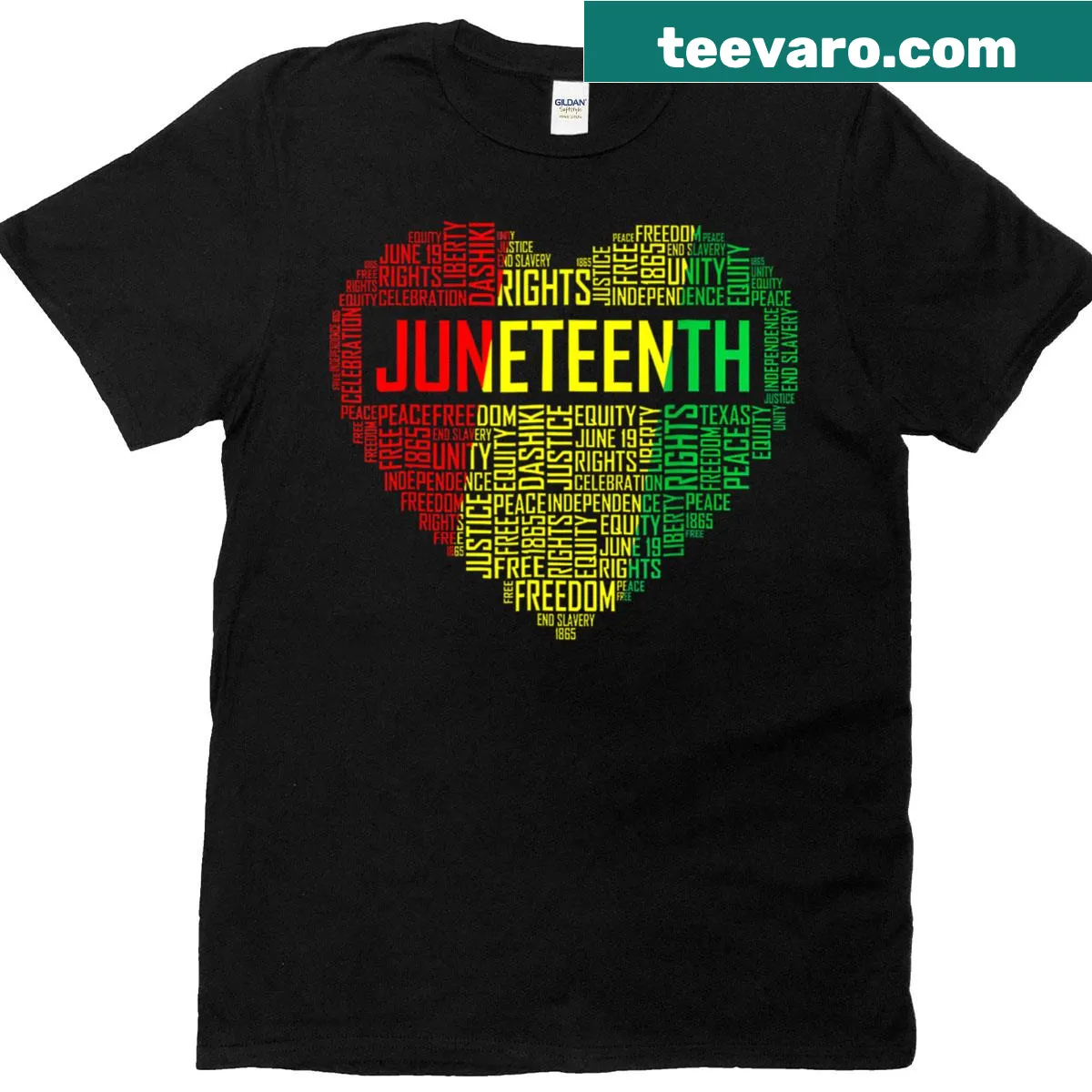 Heart graphic T-shirt celebrating Juneteenth and Black pride with the year 1865 — on a men's t-shirt