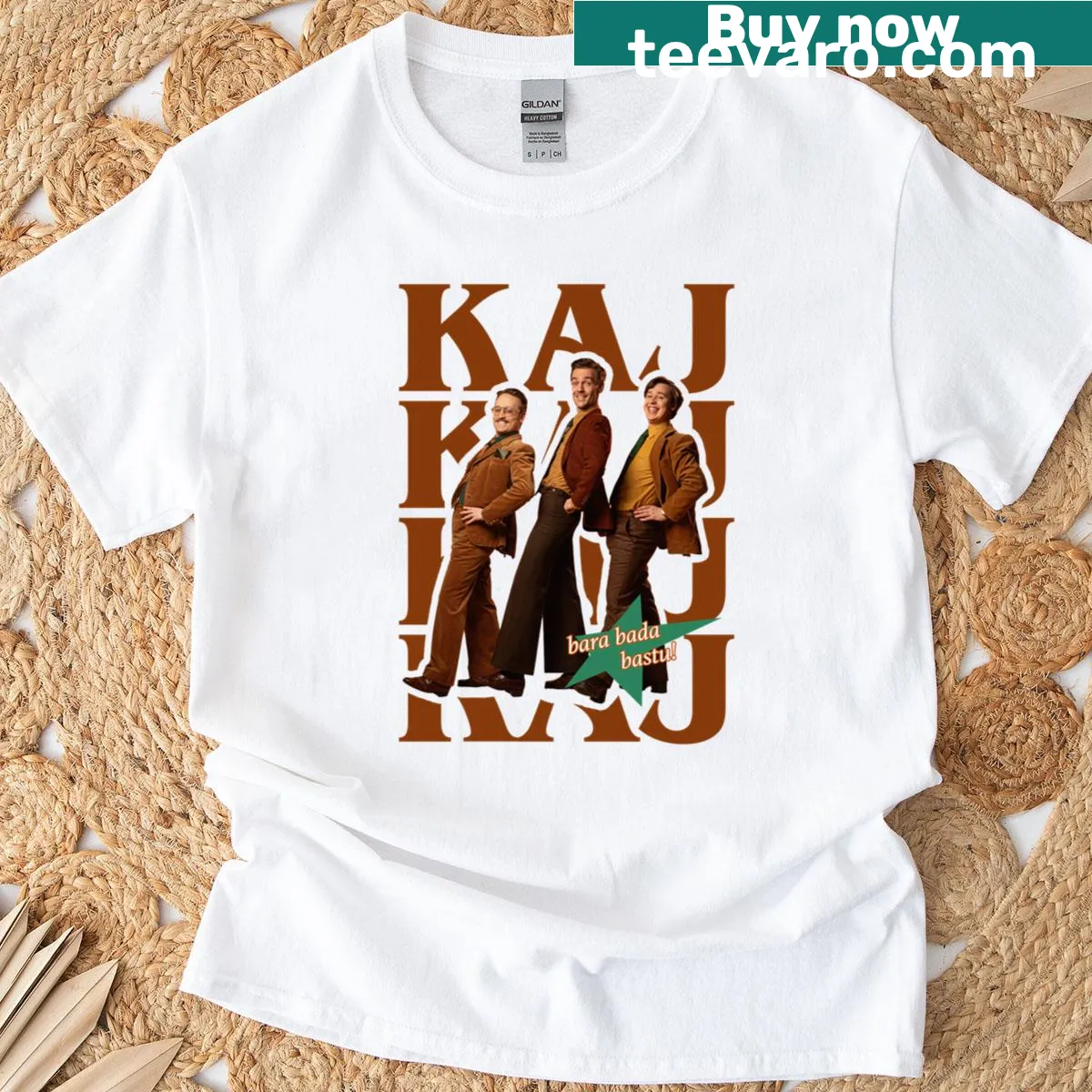 T-shirt featuring phrase 'Kaj Bara Bada Bastu' celebrating Eurovision 2025 — on a men's t-shirt