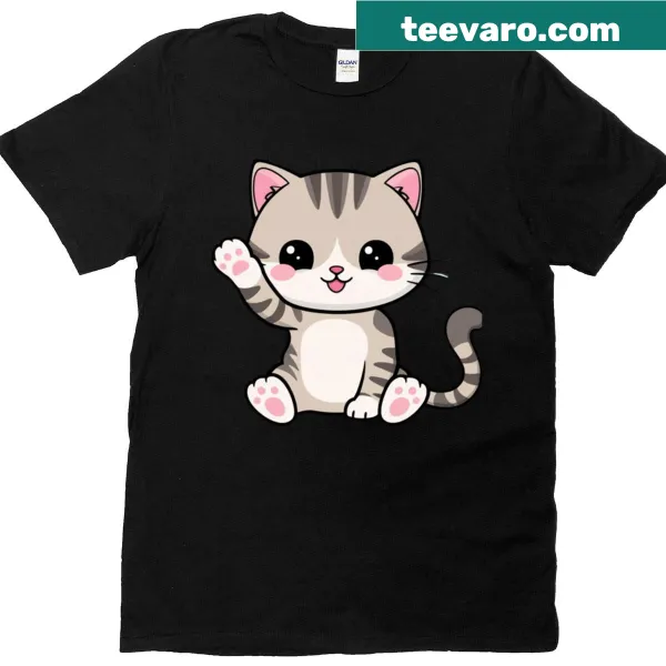 Cute illustration of a kawaii kitten waving on a t-shirt