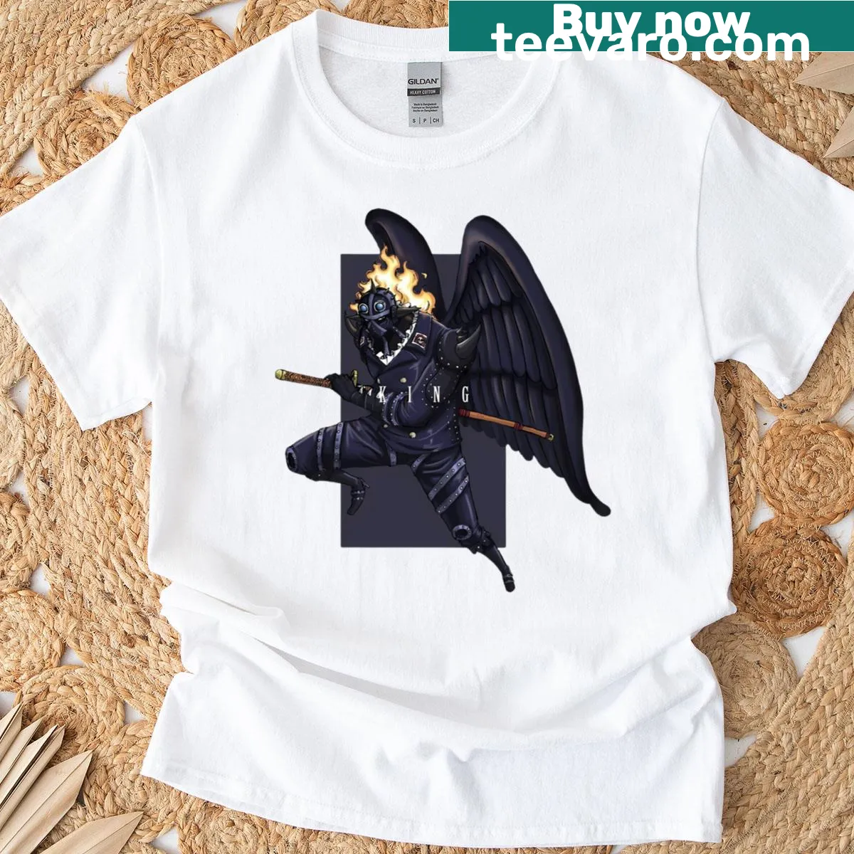 Bold illustration T-shirt featuring King The Wildfire graphic — on a men's t-shirt