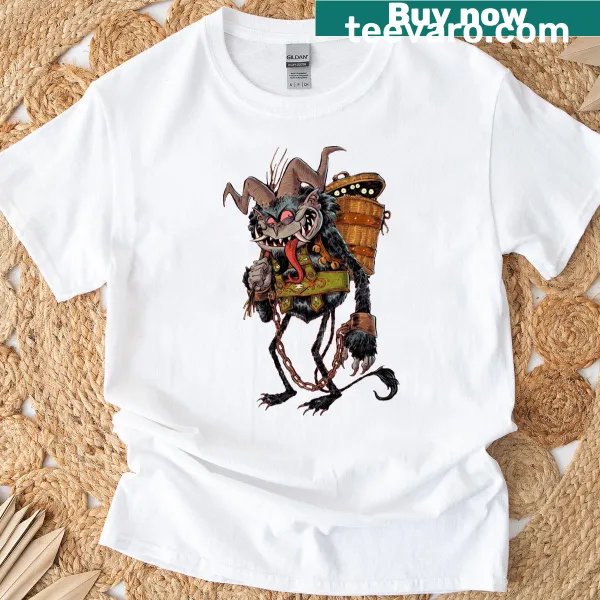 Illustration of Krampus on a spooky holiday T-shirt