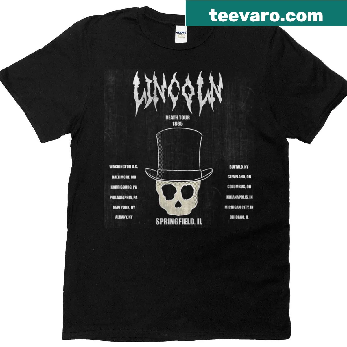 Bold graphic T-shirt featuring Lincoln Death Tour design. — on a men's t-shirt