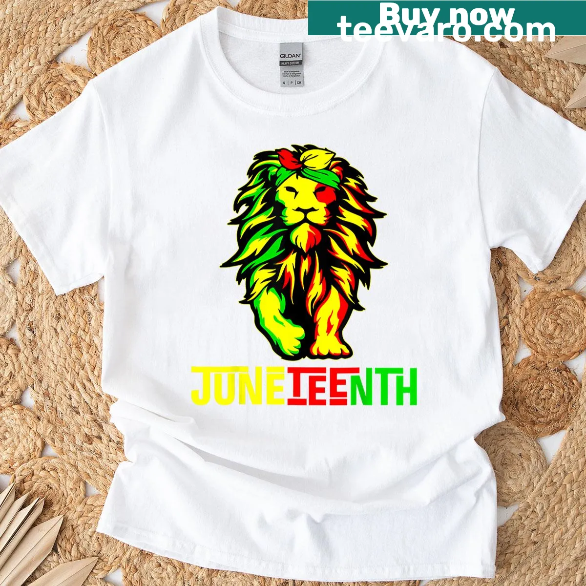 Lion graphic design with African American flag elements for Juneteenth — on a men's t-shirt