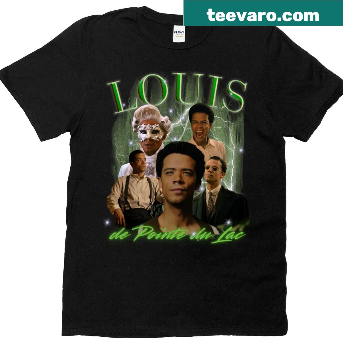 Vintage-distressed T-shirt featuring a musical collage design — on a men's t-shirt