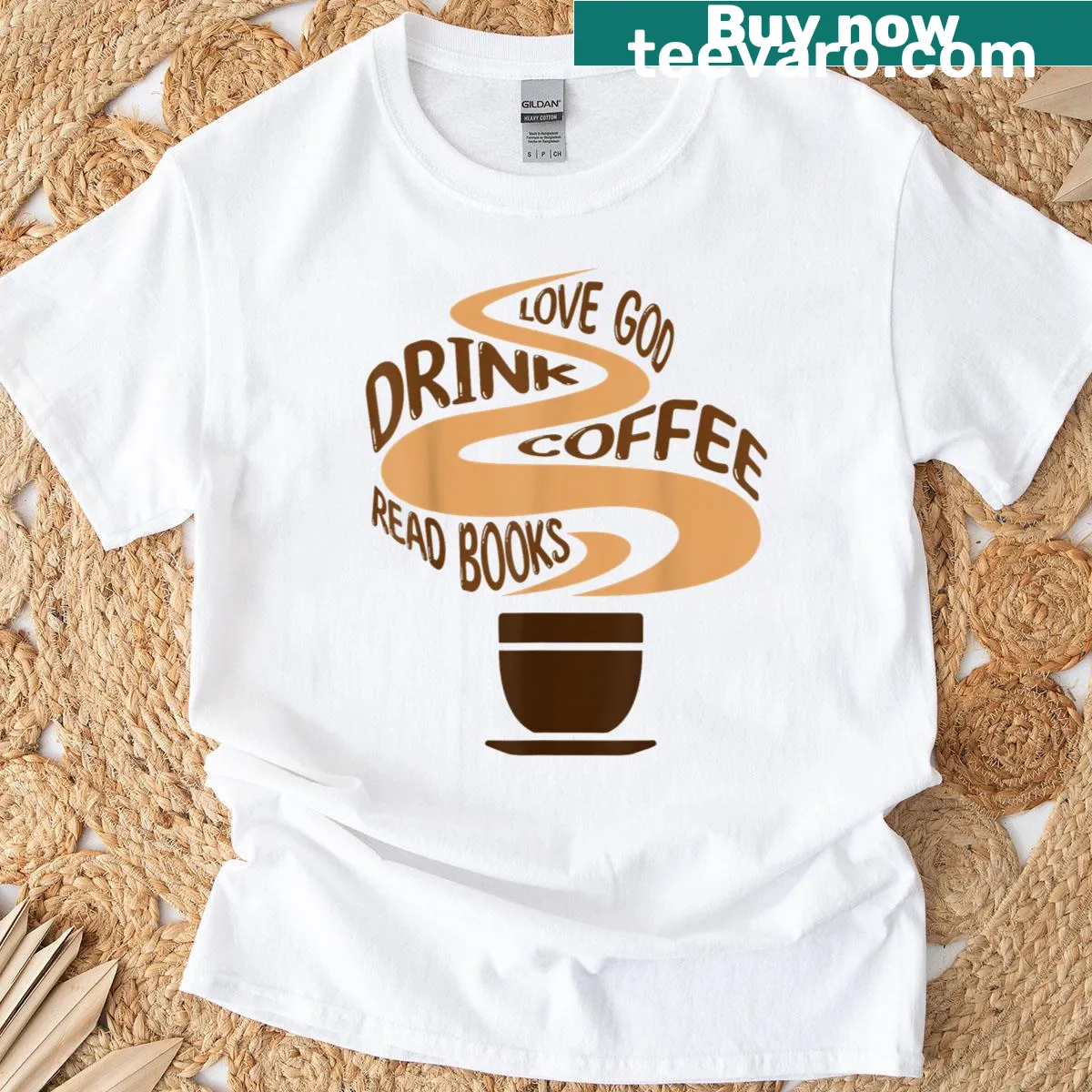 Vintage Christian tee featuring coffee, books, and faith-themed text — on a men's t-shirt