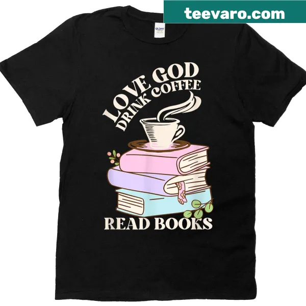 Retro design celebrating love for God, coffee, and books.