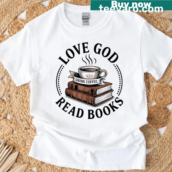 Vintage distressed tee for Christian book lovers, featuring coffee and faith-themed text