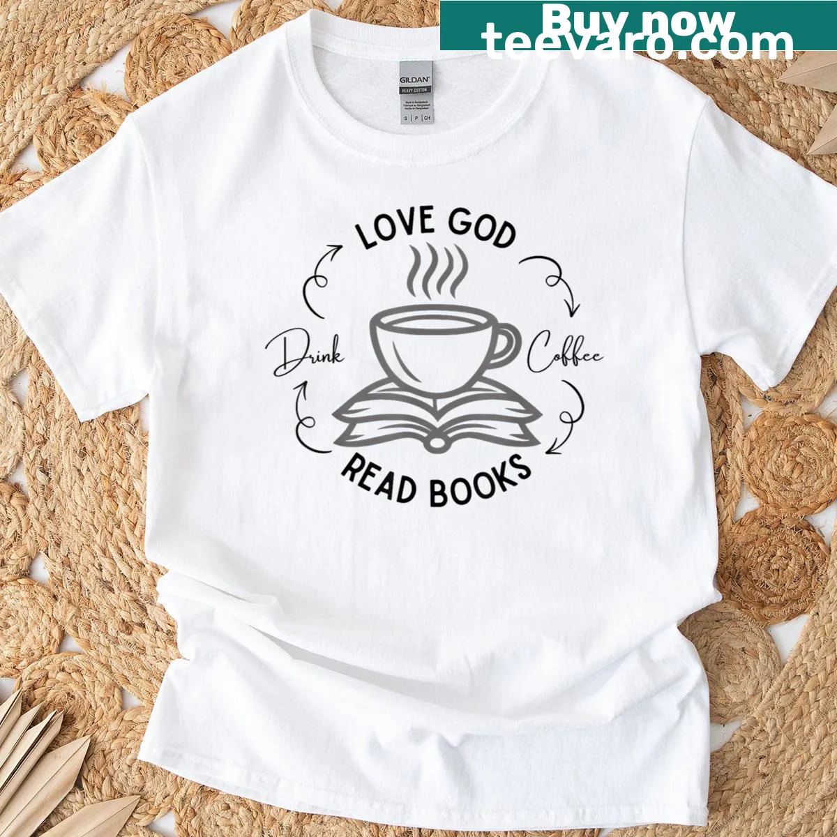 Vintage couple's tee featuring faith, coffee, and books graphic — on a men's t-shirt