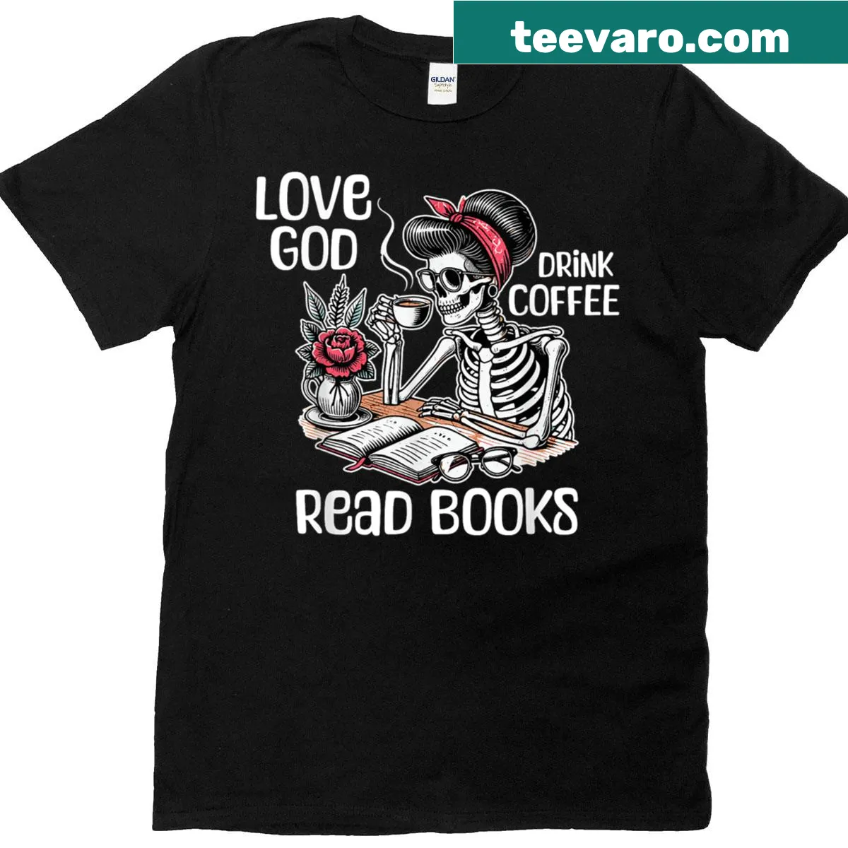 Vintage skull graphic tee with 'Love God Drink Coffee Read Books' text. — on a men's t-shirt