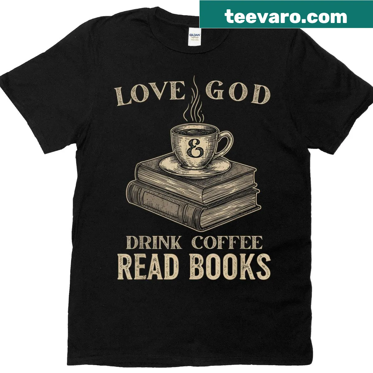 Vintage-style T-shirt with religious phrases about coffee and reading. — on a men's t-shirt